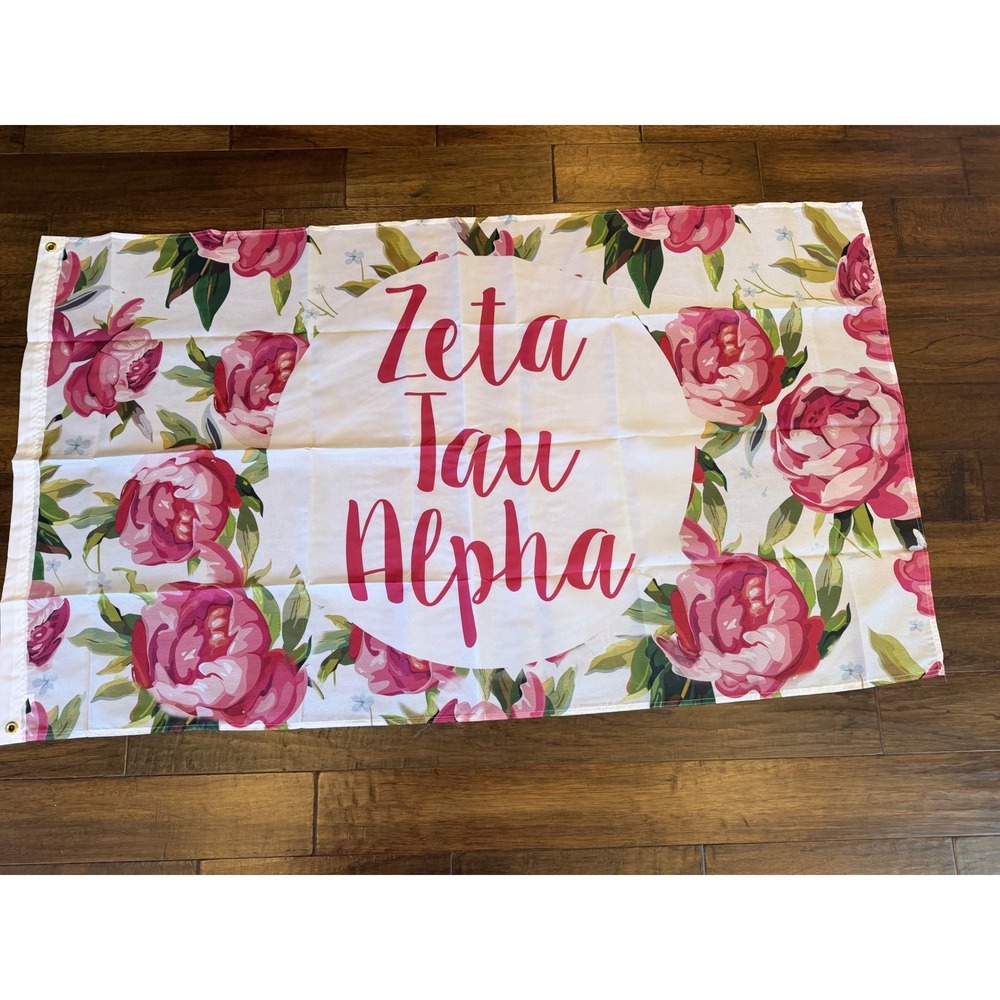 Zeta Tau Alpha Flag Women OS White Floral Peony Greek Sorority Banner 3'x6'
